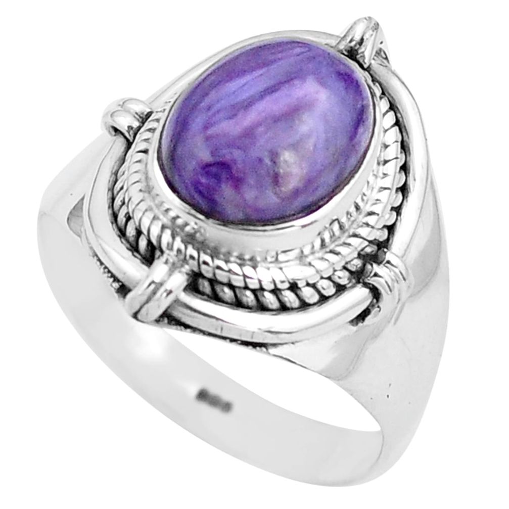 925 silver 4.38cts natural purple charoite oval solitaire ring size 8 p81224