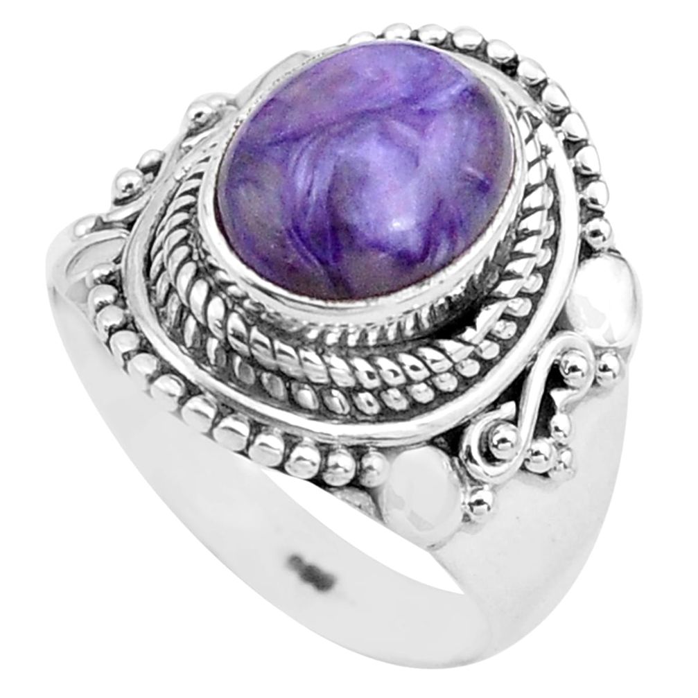 925 silver 4.02cts natural purple charoite oval solitaire ring size 6.5 p81232