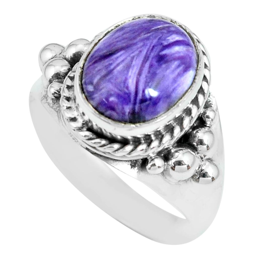 925 silver 5.38cts natural purple charoite round solitaire ring size 8.5 p69748
