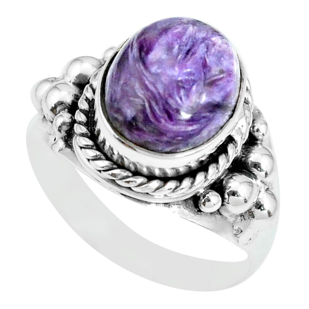 925 silver 5.16cts natural purple charoite round solitaire ring size 7.5 p69772