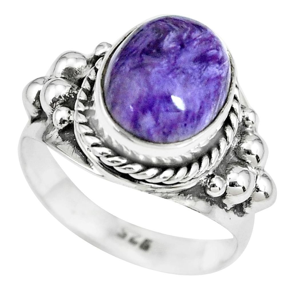 925 silver 5.09cts natural purple charoite round solitaire ring size 7 p69813