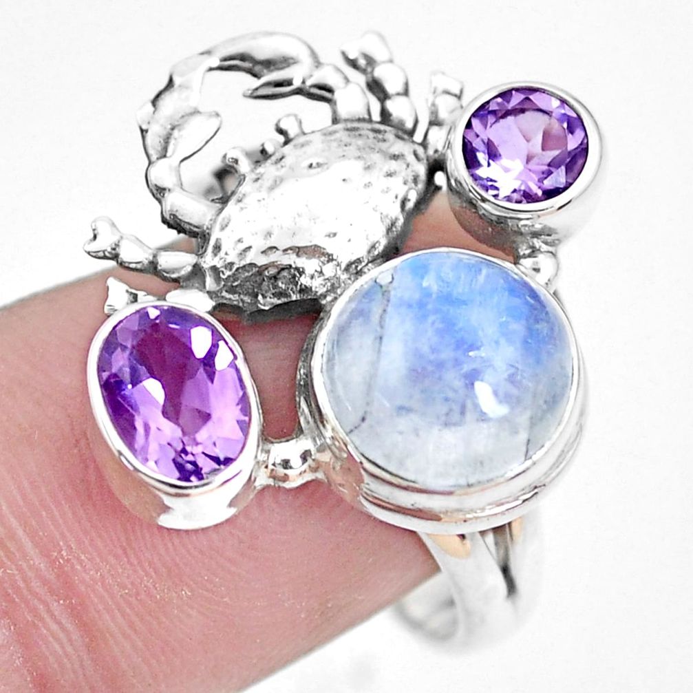 925 silver 6.18cts natural rainbow moonstone amethyst crab ring size 9 p42889