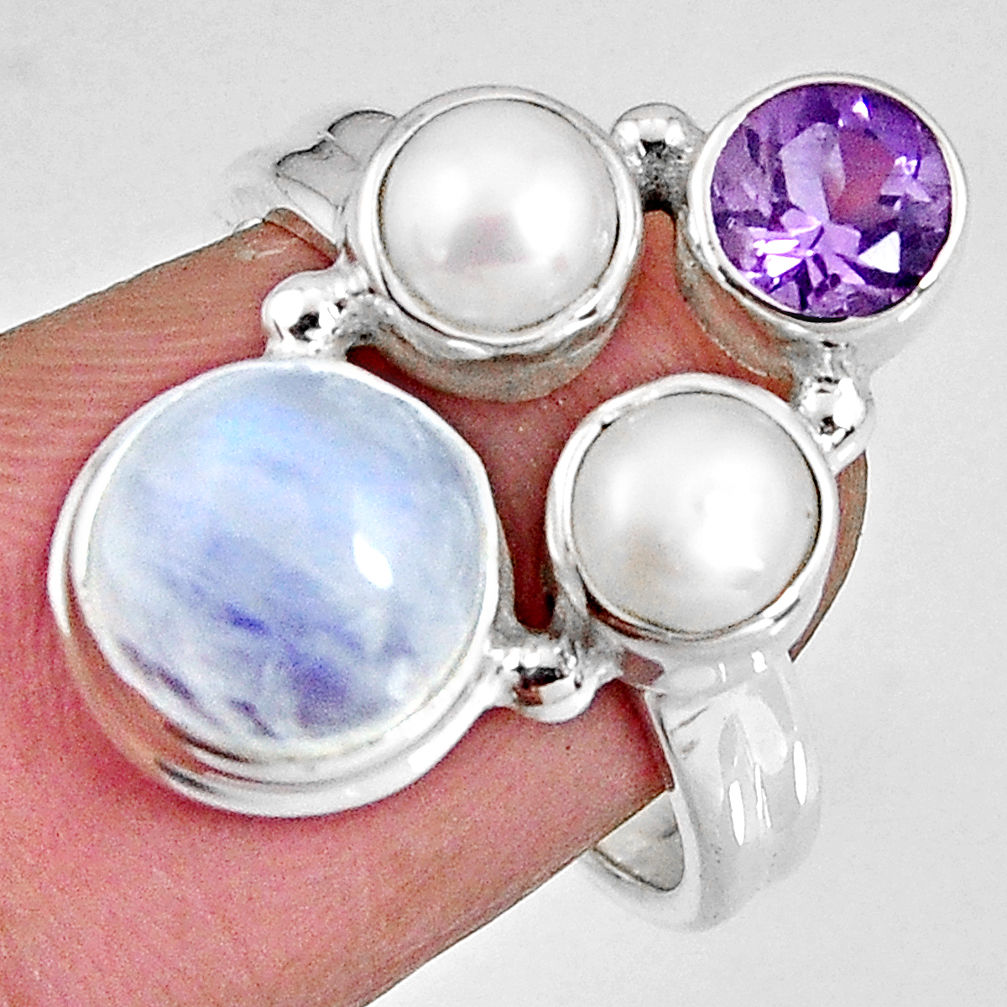 925 silver 8.03cts natural rainbow moonstone amethyst pearl ring size 6.5 p90649