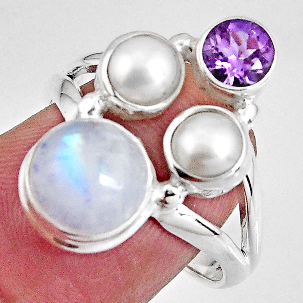 925 silver 8.05cts natural rainbow moonstone amethyst pearl ring size 7 p90659