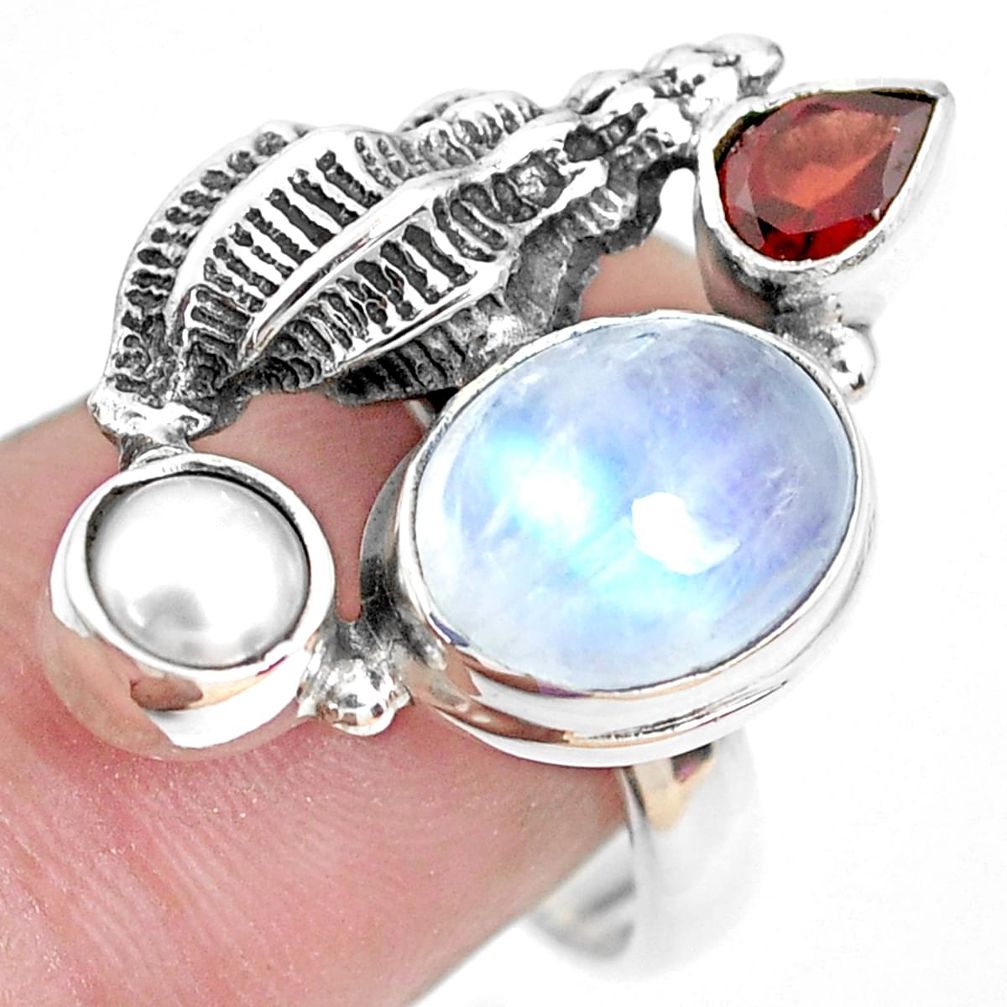 925 silver 7.23cts natural rainbow moonstone garnet pearl ring size 8.5 p42893