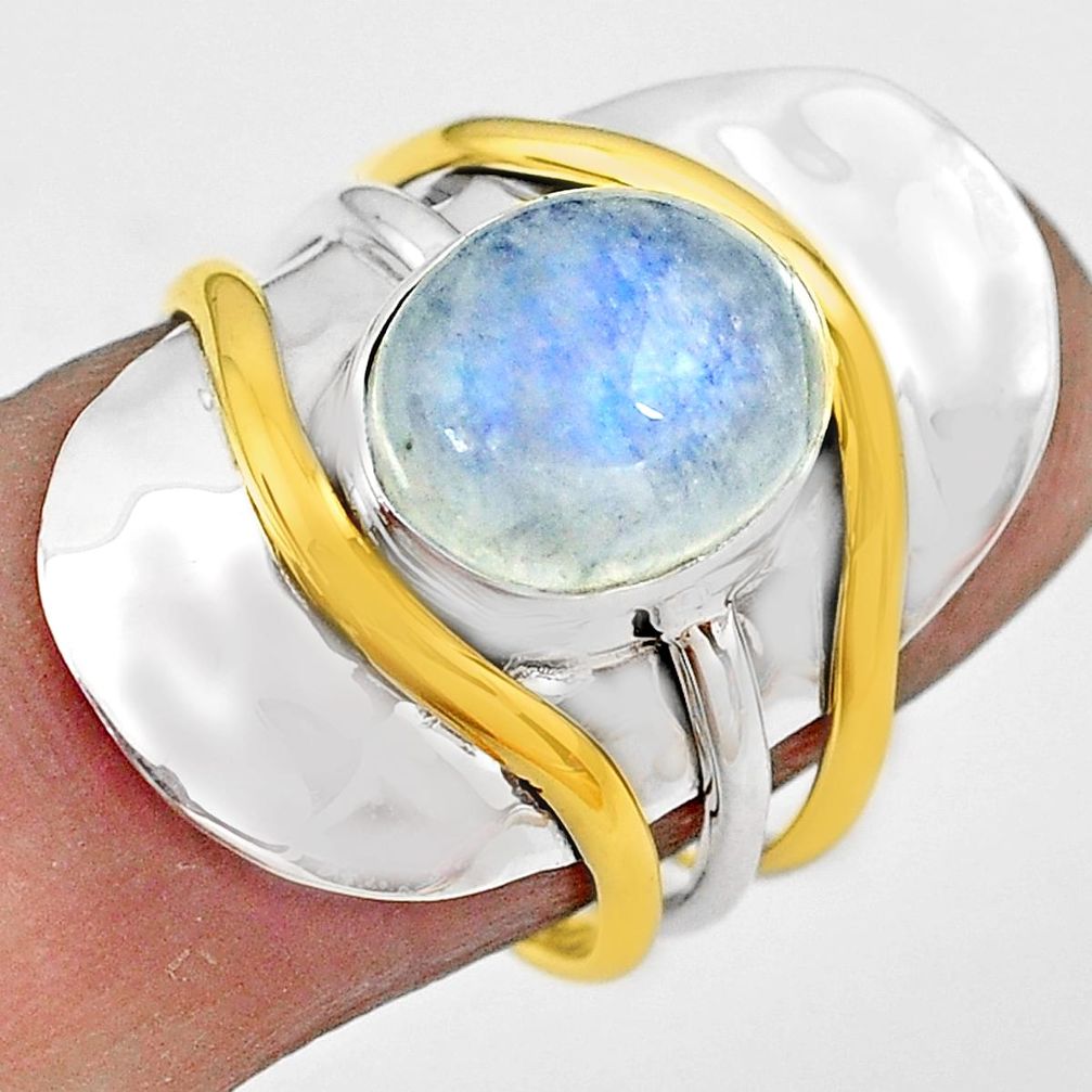 925 silver 4.82cts natural rainbow moonstone gold solitaire ring size 7.5 p81098