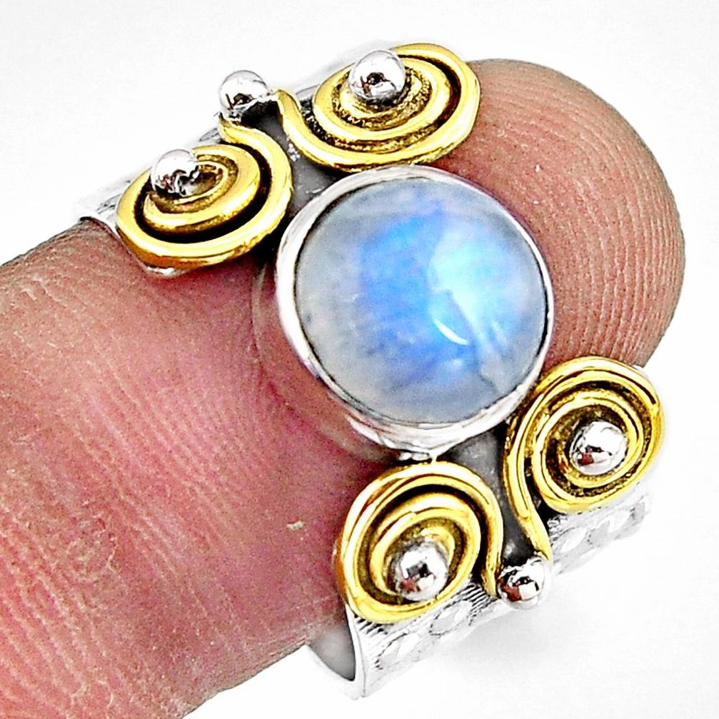 925 silver 4.72cts natural rainbow moonstone gold solitaire ring size 8.5 p91158