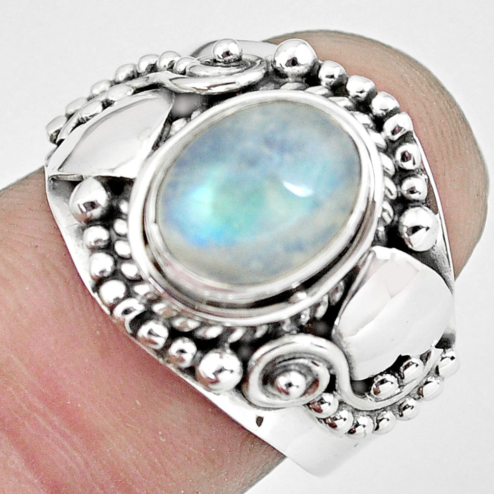 925 silver 3.16cts natural rainbow moonstone oval solitaire ring size 7.5 p57696