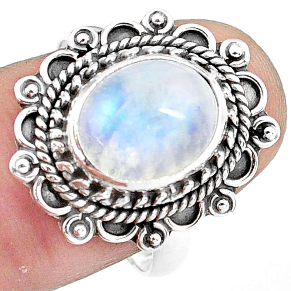 925 silver 5.16cts natural rainbow moonstone oval solitaire ring size 8.5 p78860