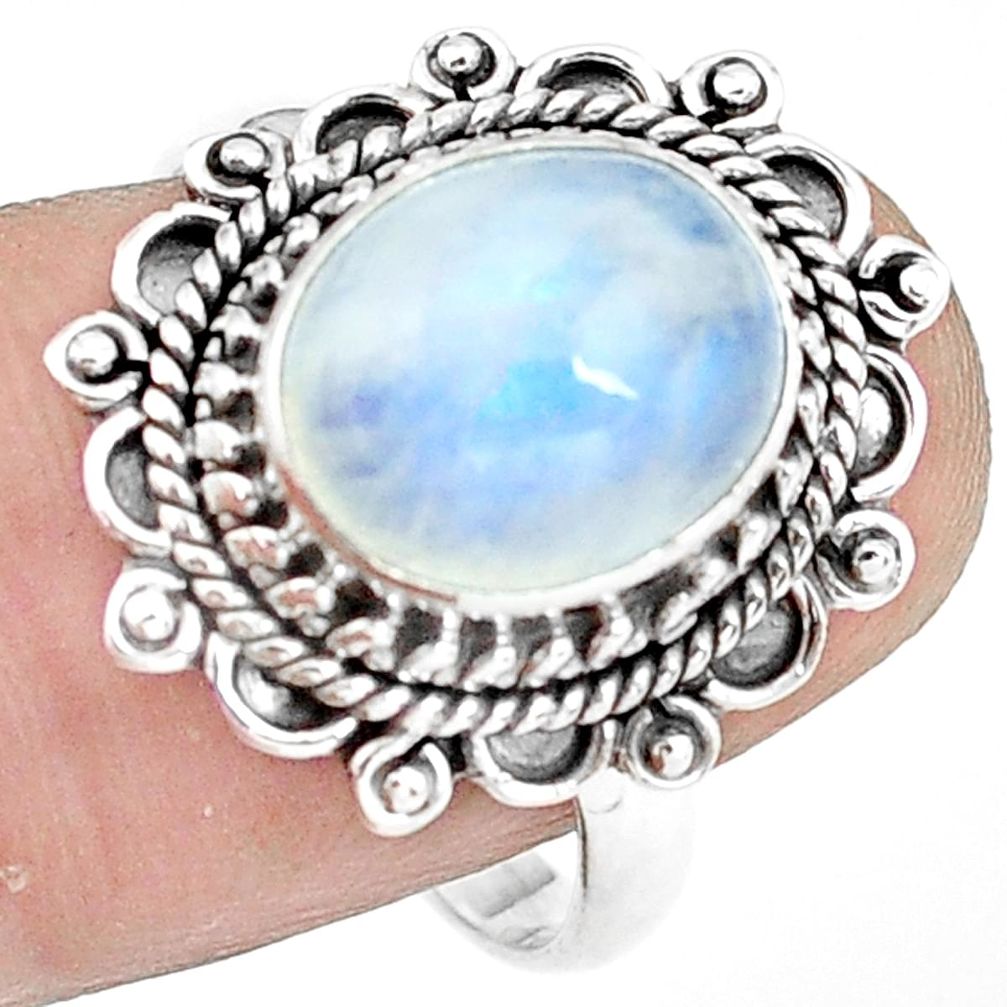 925 silver 5.13cts natural rainbow moonstone oval solitaire ring size 8.5 p78871