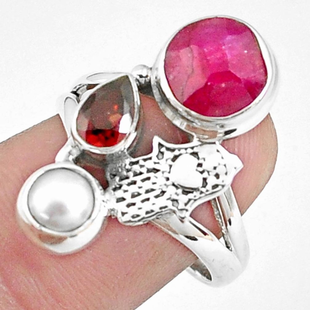 925 silver 6.56cts natural red ruby pearl hand of god hamsa ring size 7.5 p42816