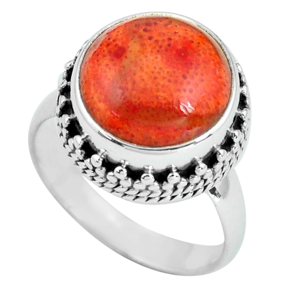 925 silver 6.83cts natural red sponge coral solitaire ring jewelry size 7 p67557