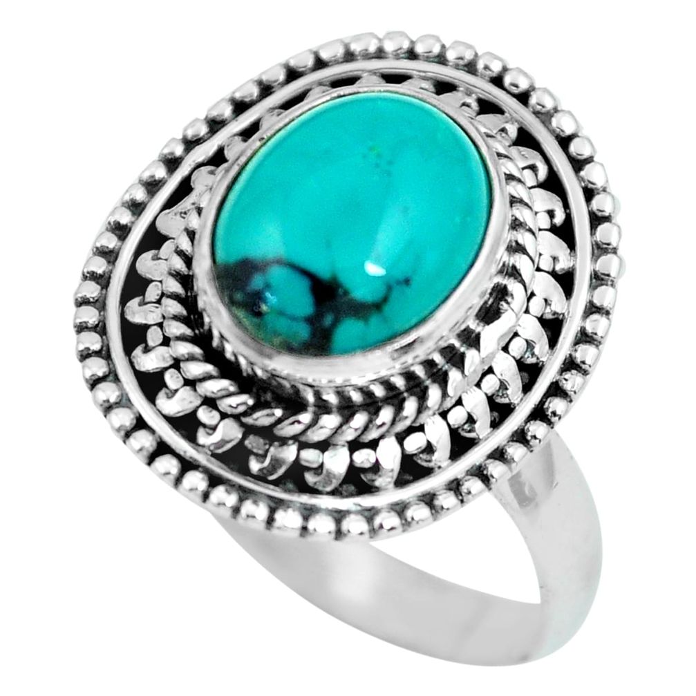925 silver 4.29cts natural turquoise tibetan oval solitaire ring size 7.5 p63284