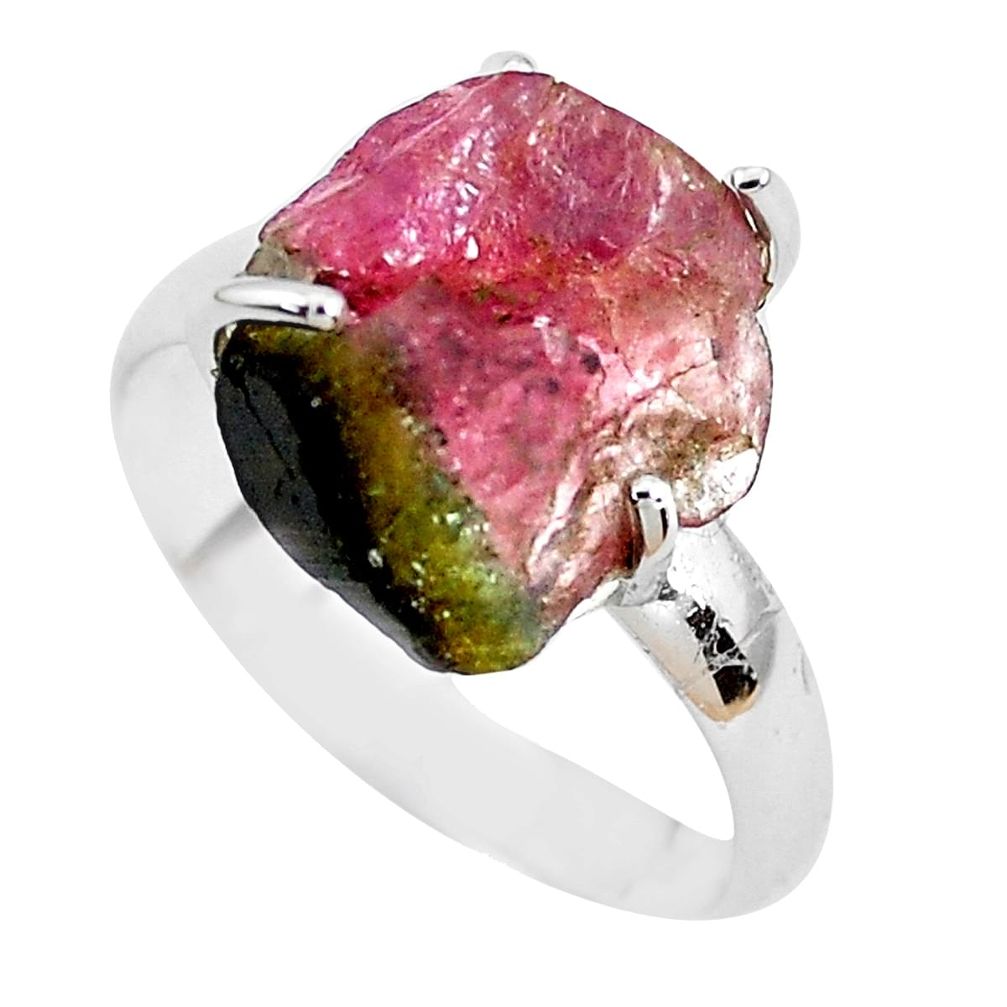 925 silver natural watermelon tourmaline rough solitaire ring size 8 p48449