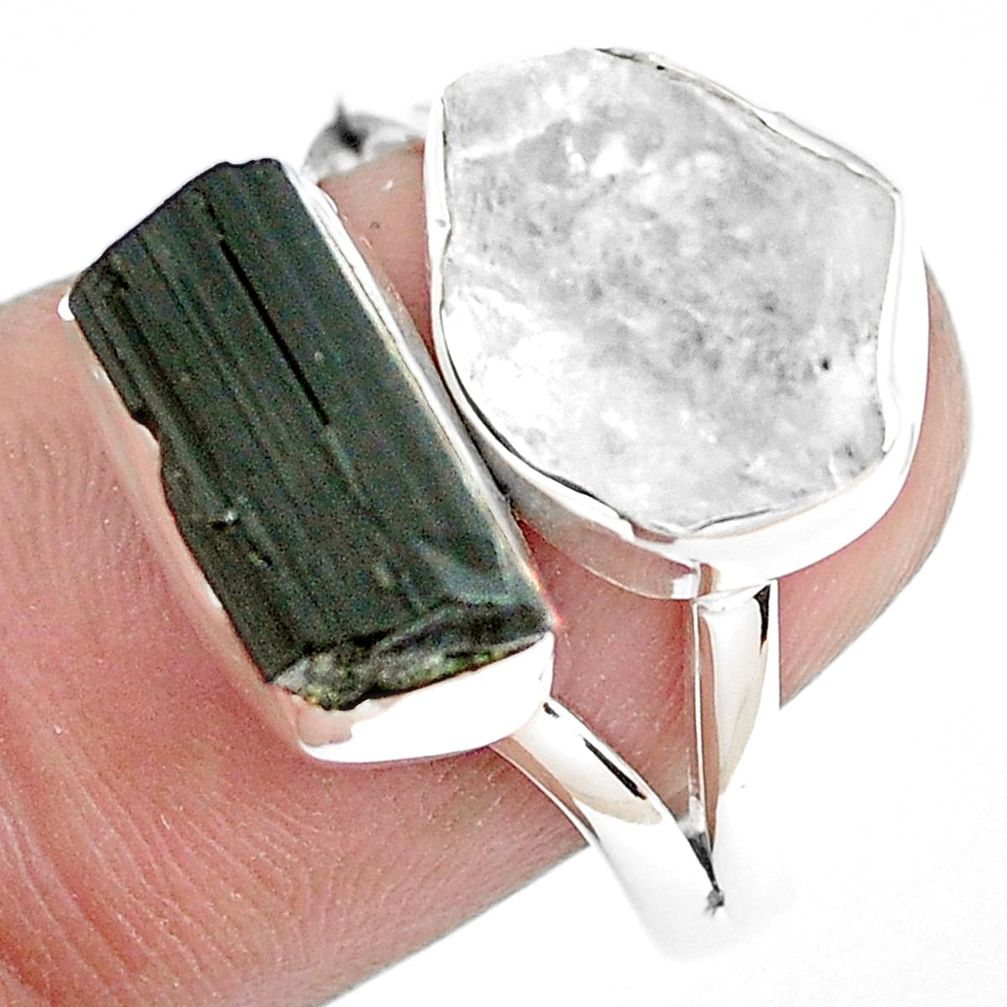 925 silver natural white herkimer diamond tourmaline rough ring size 8 p44267