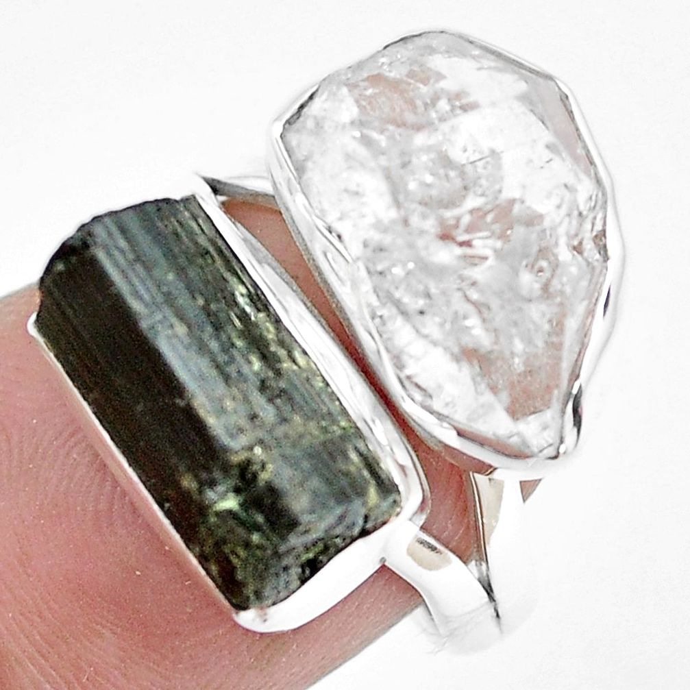 925 silver natural white herkimer diamond tourmaline rough ring size 6.5 p44279