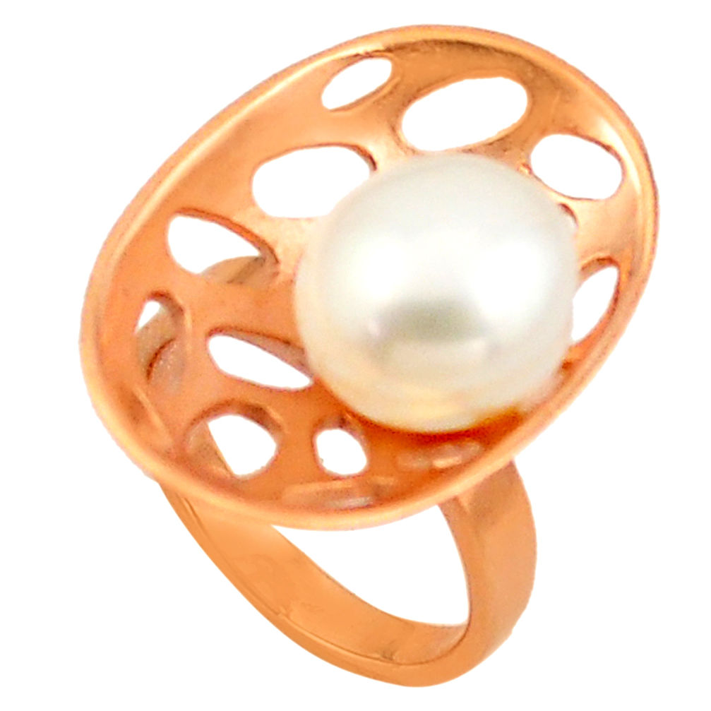 925 silver 6.80cts natural white pearl 14k rose gold solitaire ring size 6 c4748