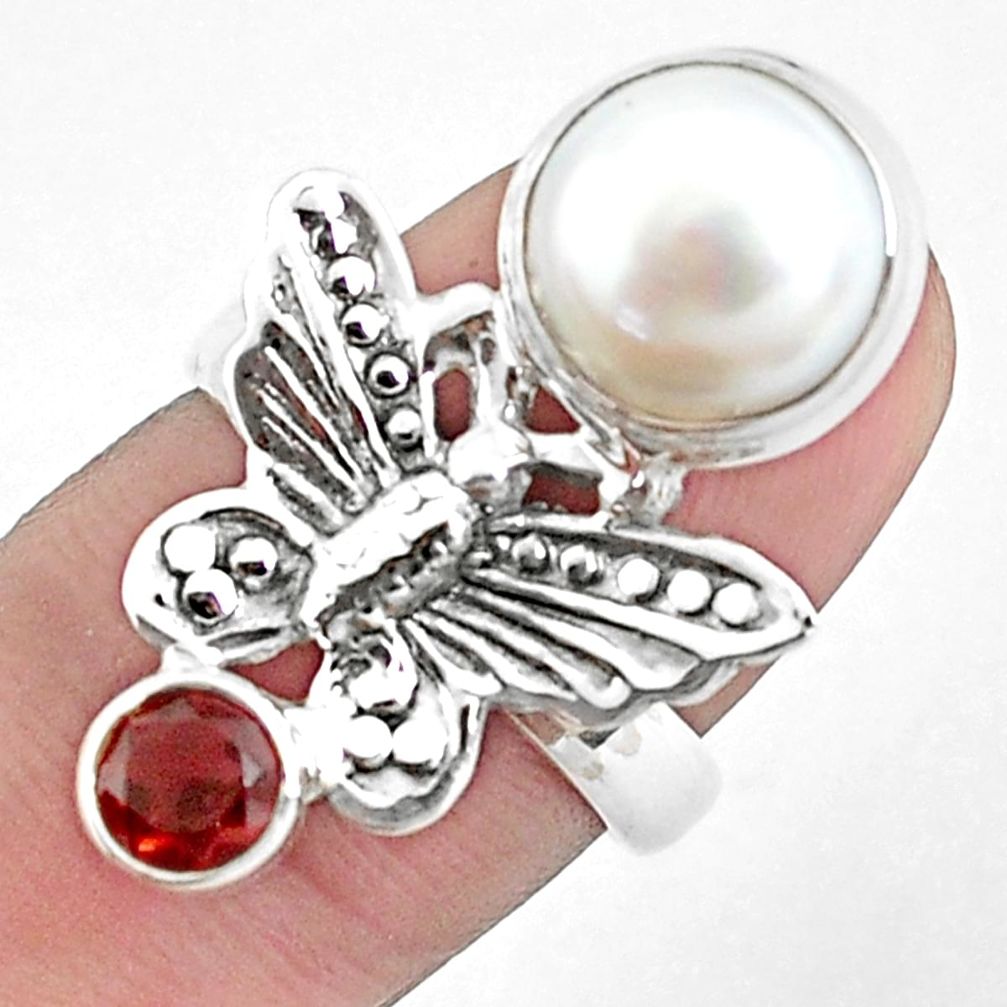 925 silver 6.32cts natural white pearl garnet butterfly ring size 6.5 p42917