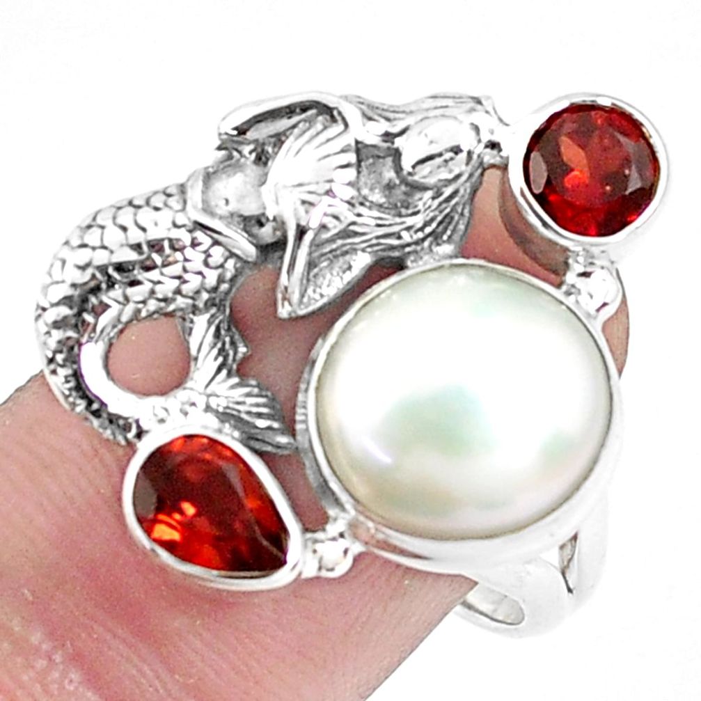 925 silver 7.84cts natural white pearl garnet fairy mermaid ring size 8 p42834