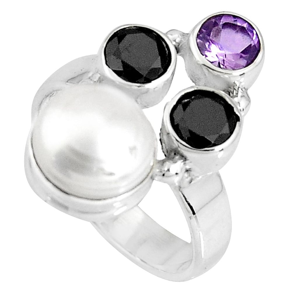 925 silver 6.10cts natural white pearl onyx amethyst ring size 6.5 p90689