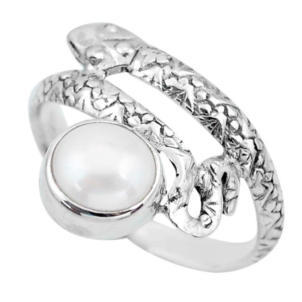 925 silver 3.42cts natural white pearl round snake solitaire ring size 9 p62904