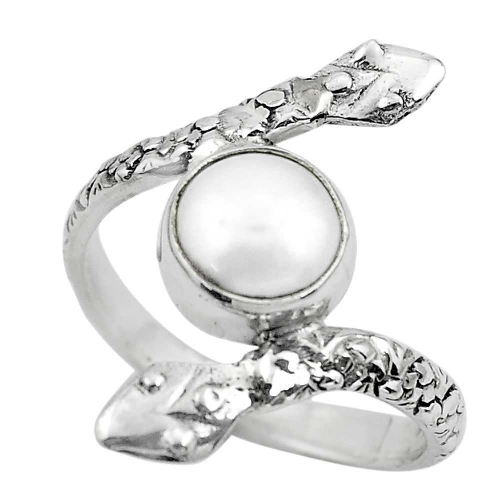 925 silver 3.01cts natural white pearl round snake solitaire ring size 8 p62944