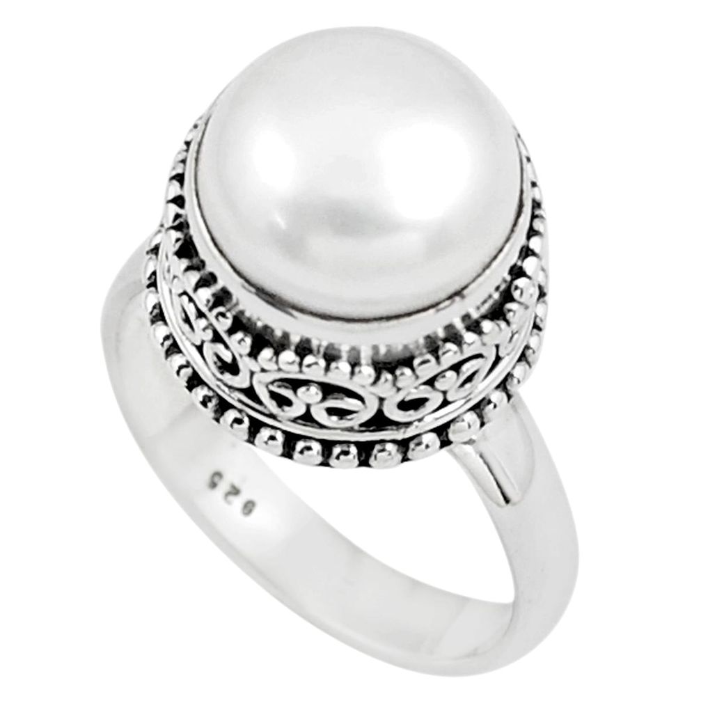 925 silver 7.33cts natural white pearl round solitaire ring size 7.5 p78996