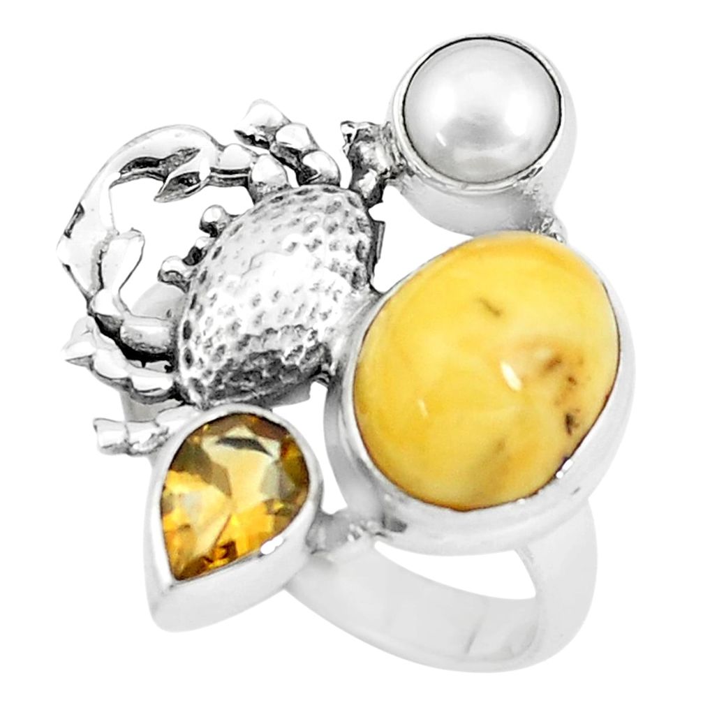 925 silver 7.78cts natural yellow amber bone citrine crab ring size 7 p61005