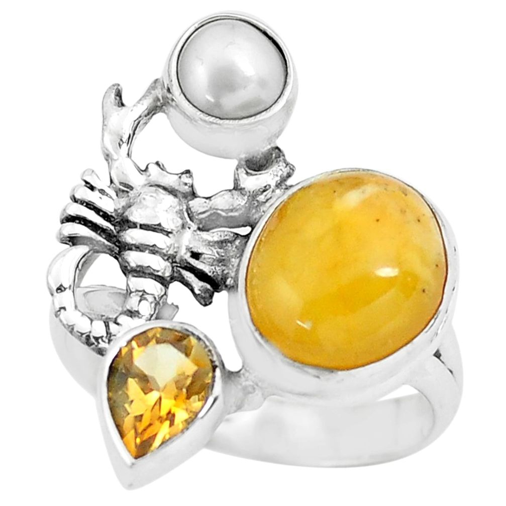 925 silver 6.89cts natural yellow amber bone scorpion charm ring size 8.5 p61016