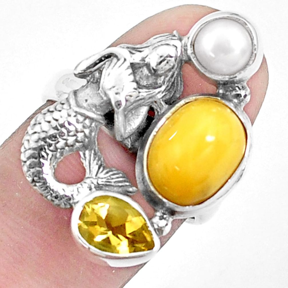 925 silver 7.84cts natural yellow opal pearl fairy mermaid ring size 6.5 p42639