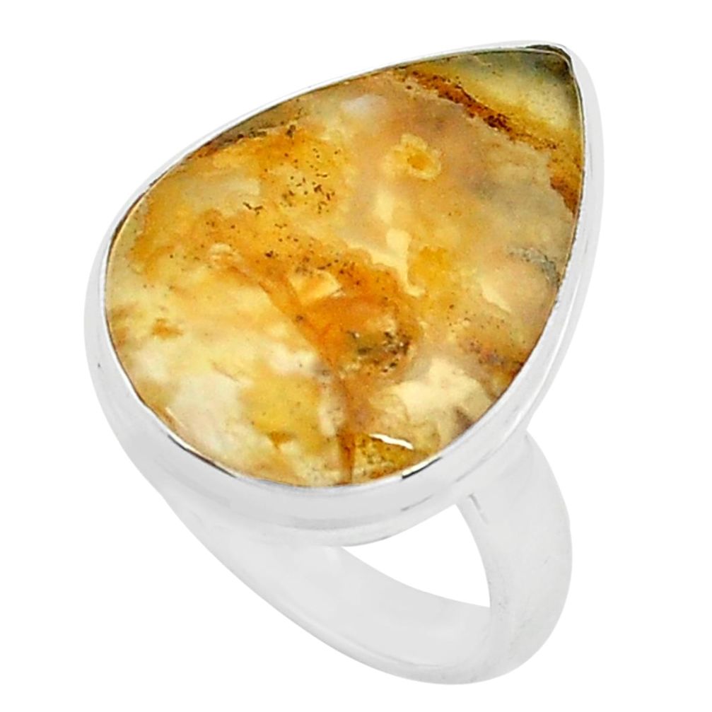 925 silver 13.70cts natural yellow plume agate pear solitaire ring size 8 p80594