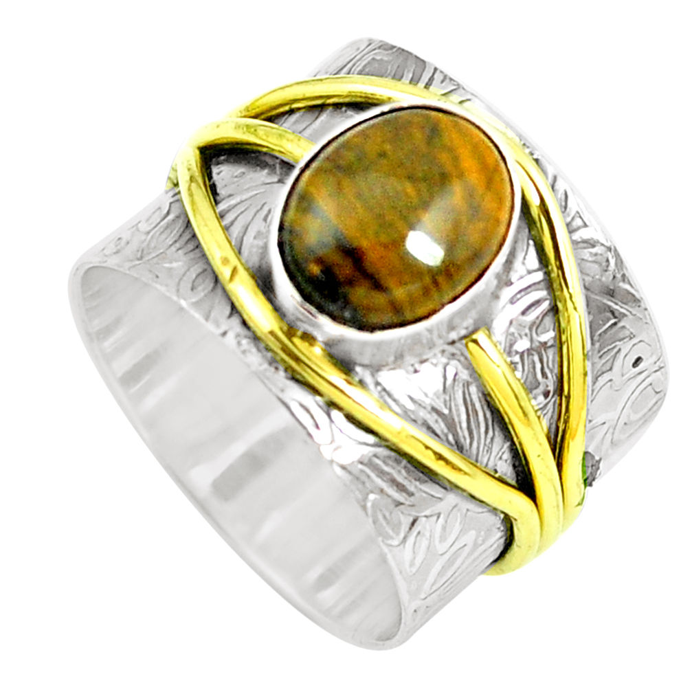 925 silver victorian natural tiger's hawks eye two tone ring size 6.5 p50620