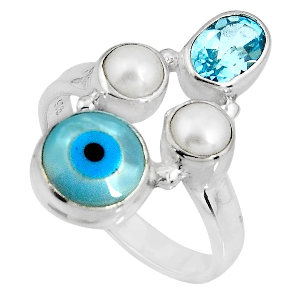 925 sterling silver 7.21cts blue evil eye talismans topaz ring size 6.5 p90724