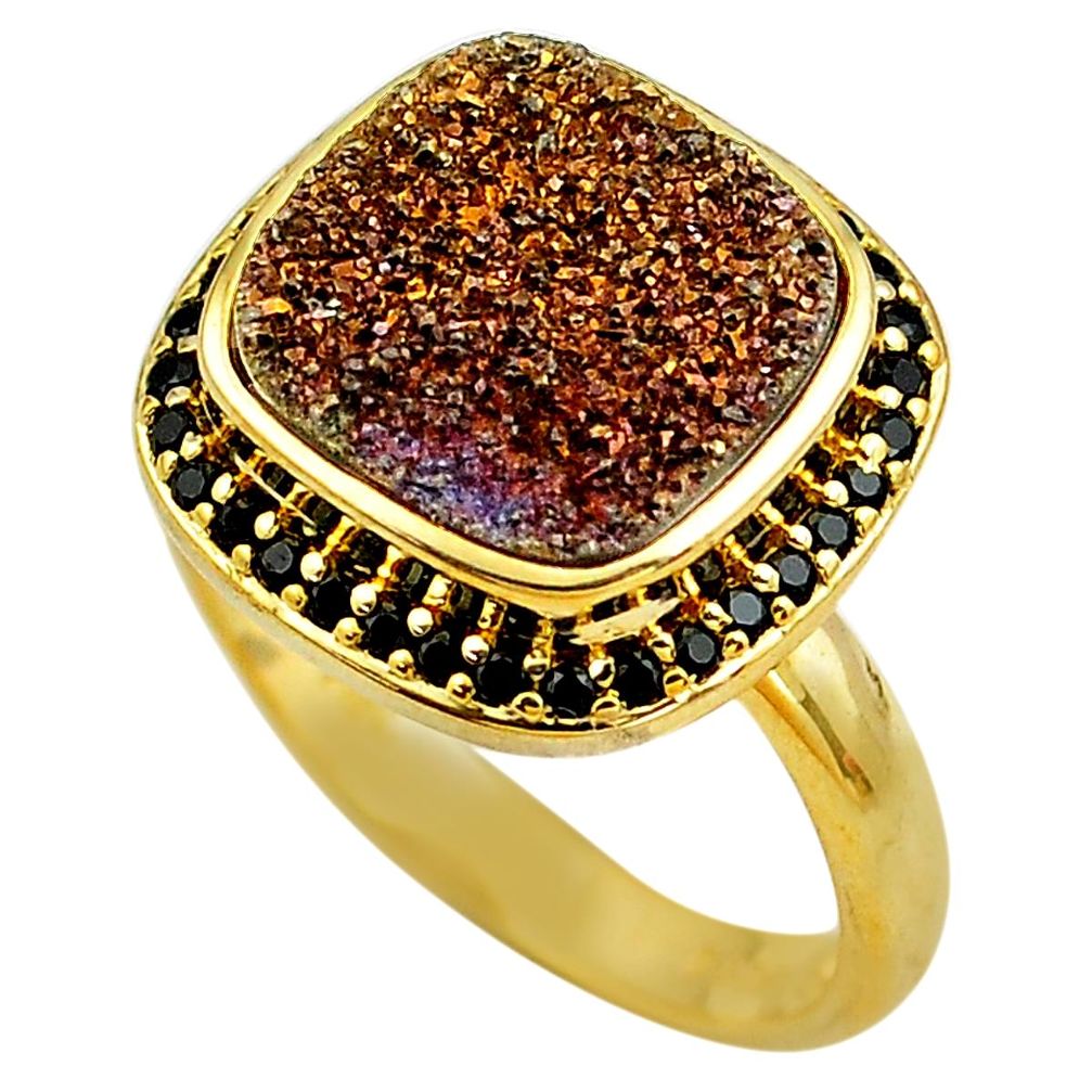 925 sterling silver 8.71cts brown druzy topaz 14k gold ring size 10 c4264