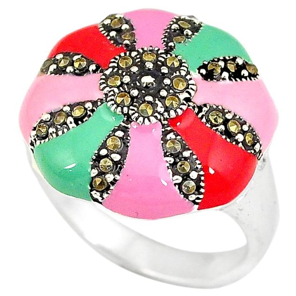 925 sterling silver multi color enamel marcasite ring jewelry size 8 h52356