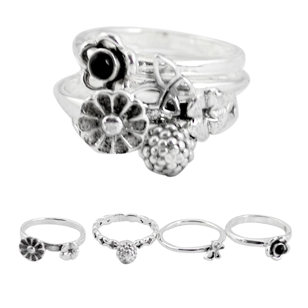 925 sterling silver natural black onyx flower 3 rings jewelry size 5.5 p48631