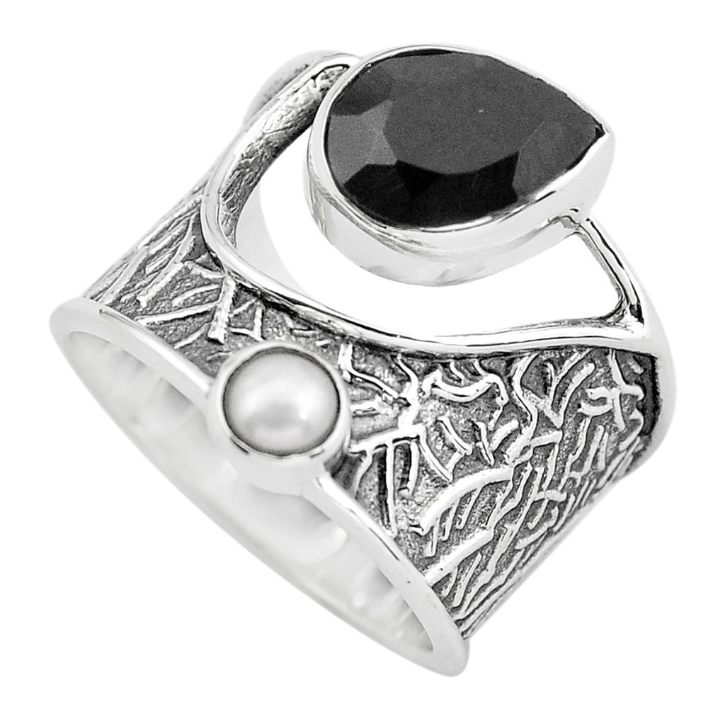 925 sterling silver 4.41cts natural black onyx pearl ring jewelry size 8 p55924