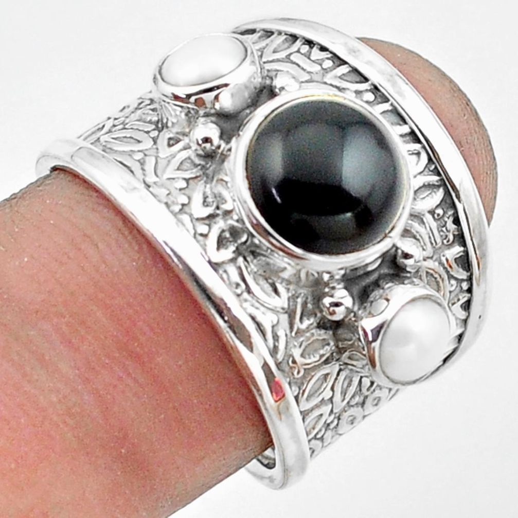 925 sterling silver 5.02cts natural black onyx white pearl ring size 6.5 p74829