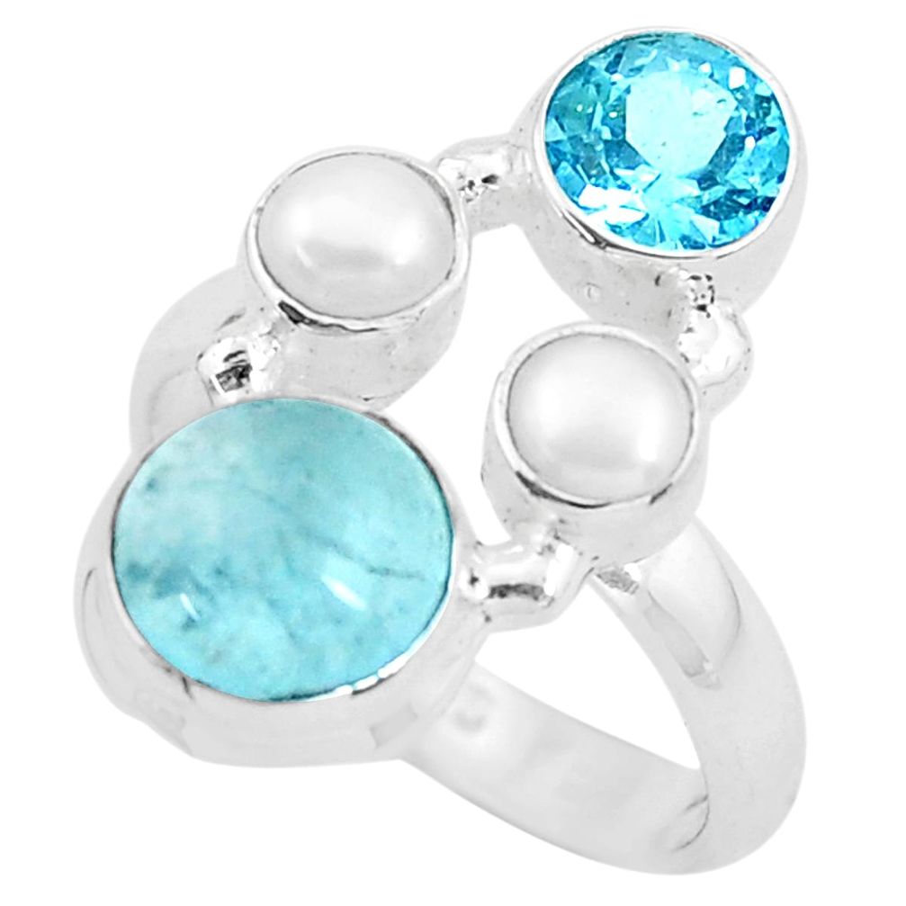 925 sterling silver 7.12cts natural blue aquamarine pearl ring size 6.5 p52453