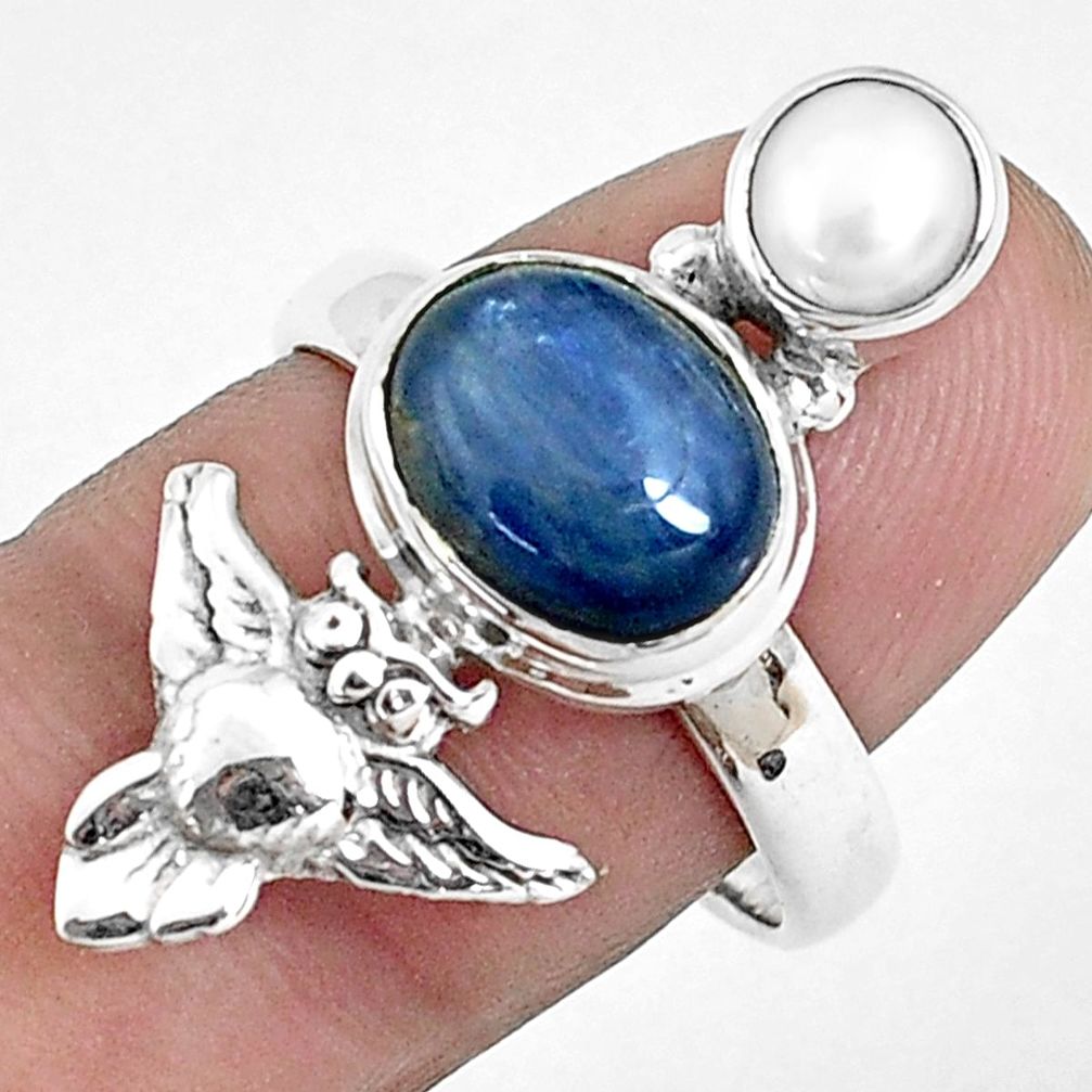 925 sterling silver 6.18cts natural blue kyanite pearl owl ring size 8 p42648