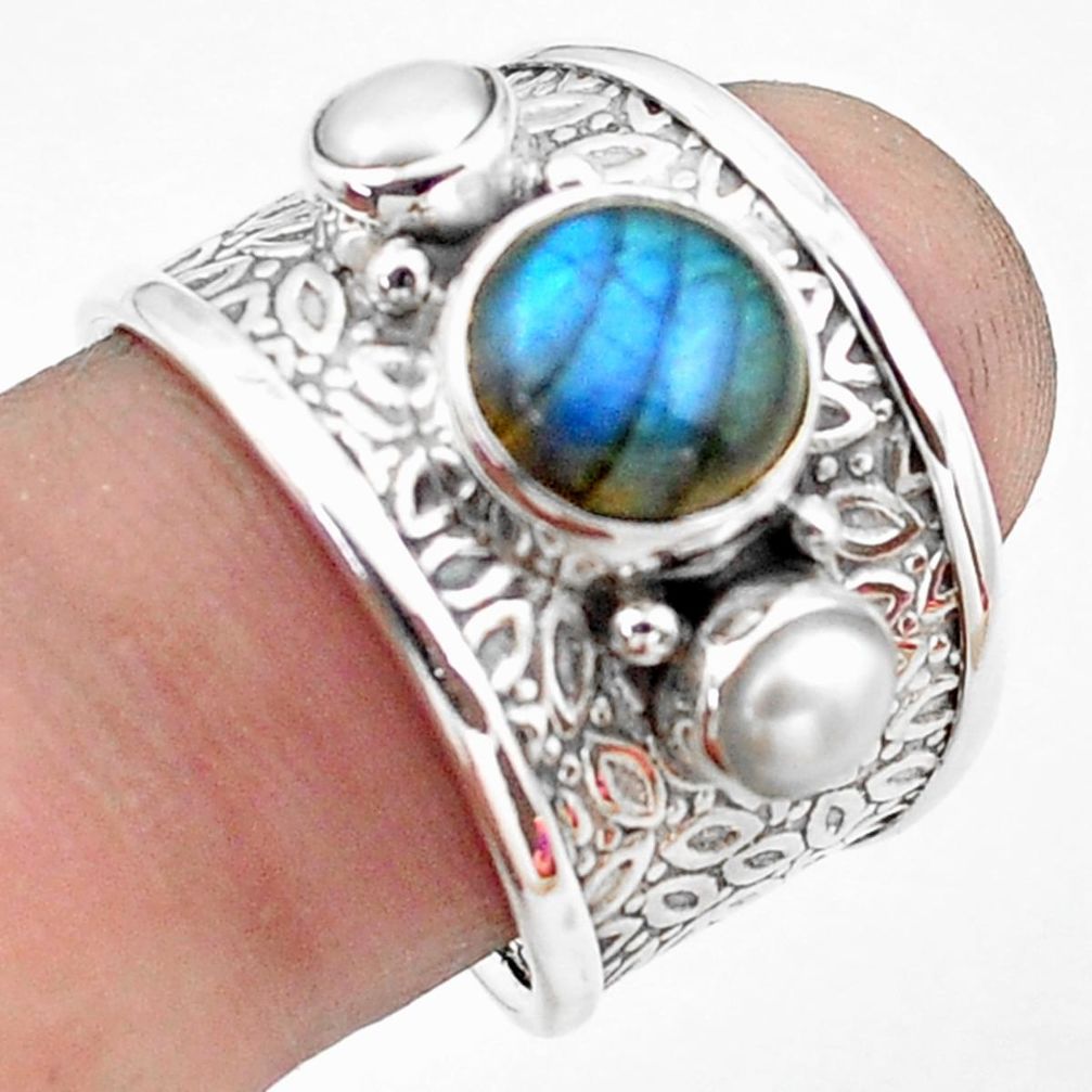 925 sterling silver 5.18cts natural blue labradorite pearl ring size 8 p74837