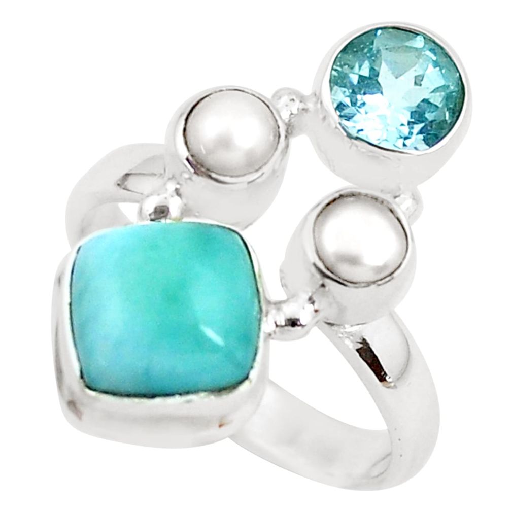 925 sterling silver 7.07cts natural blue larimar topaz pearl ring size 7 p52592