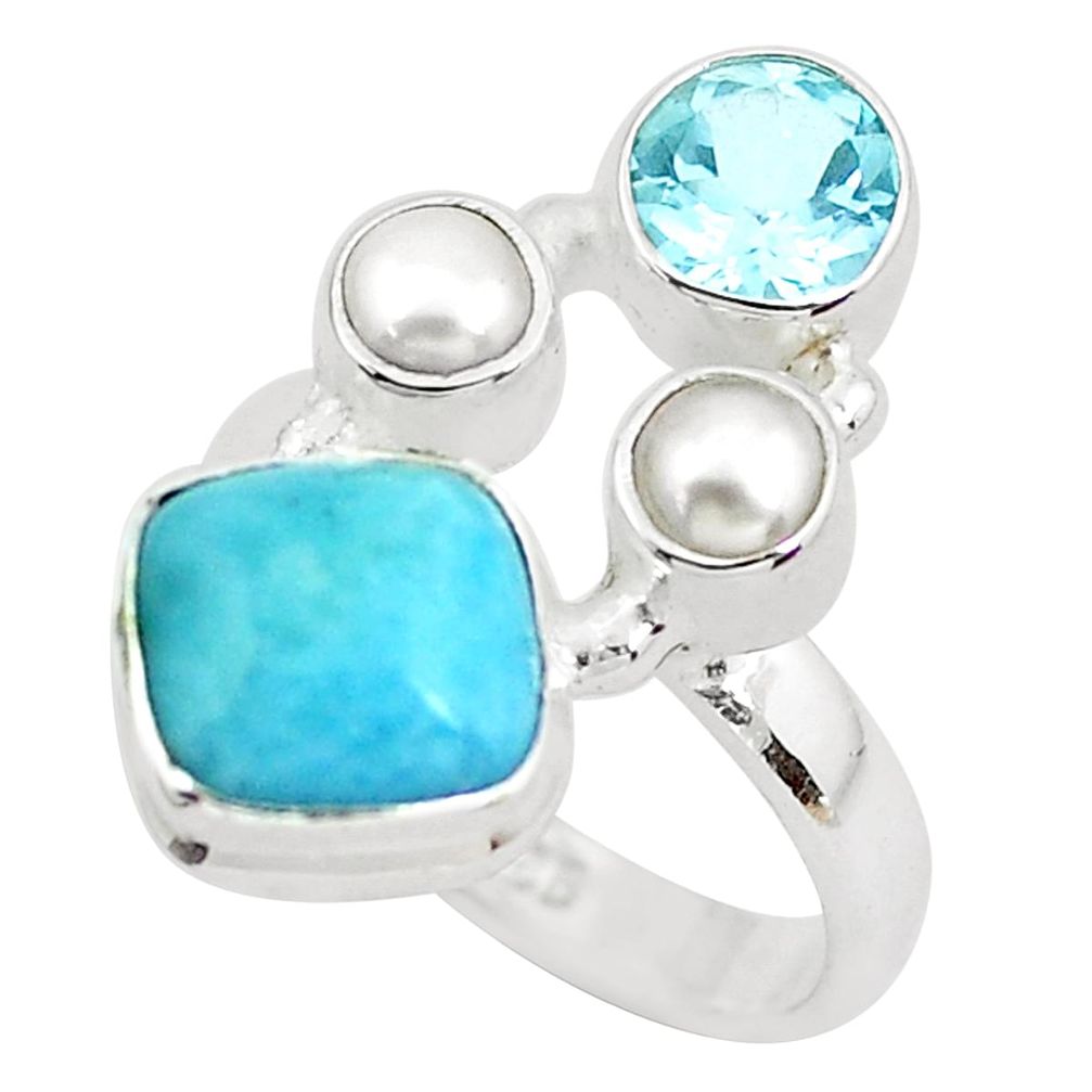 925 sterling silver 7.24cts natural blue larimar topaz pearl ring size 8 p52596