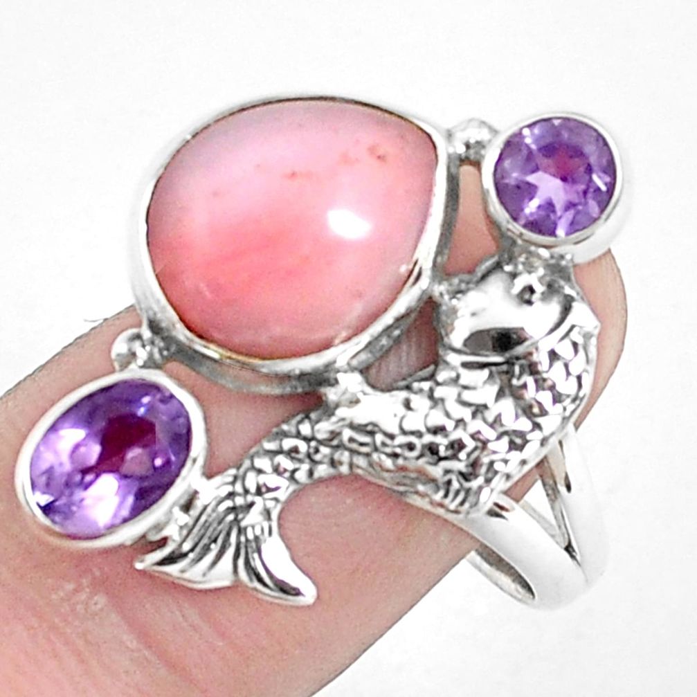 925 sterling silver 7.72cts natural pink opal amethyst fish ring size 9 p42668