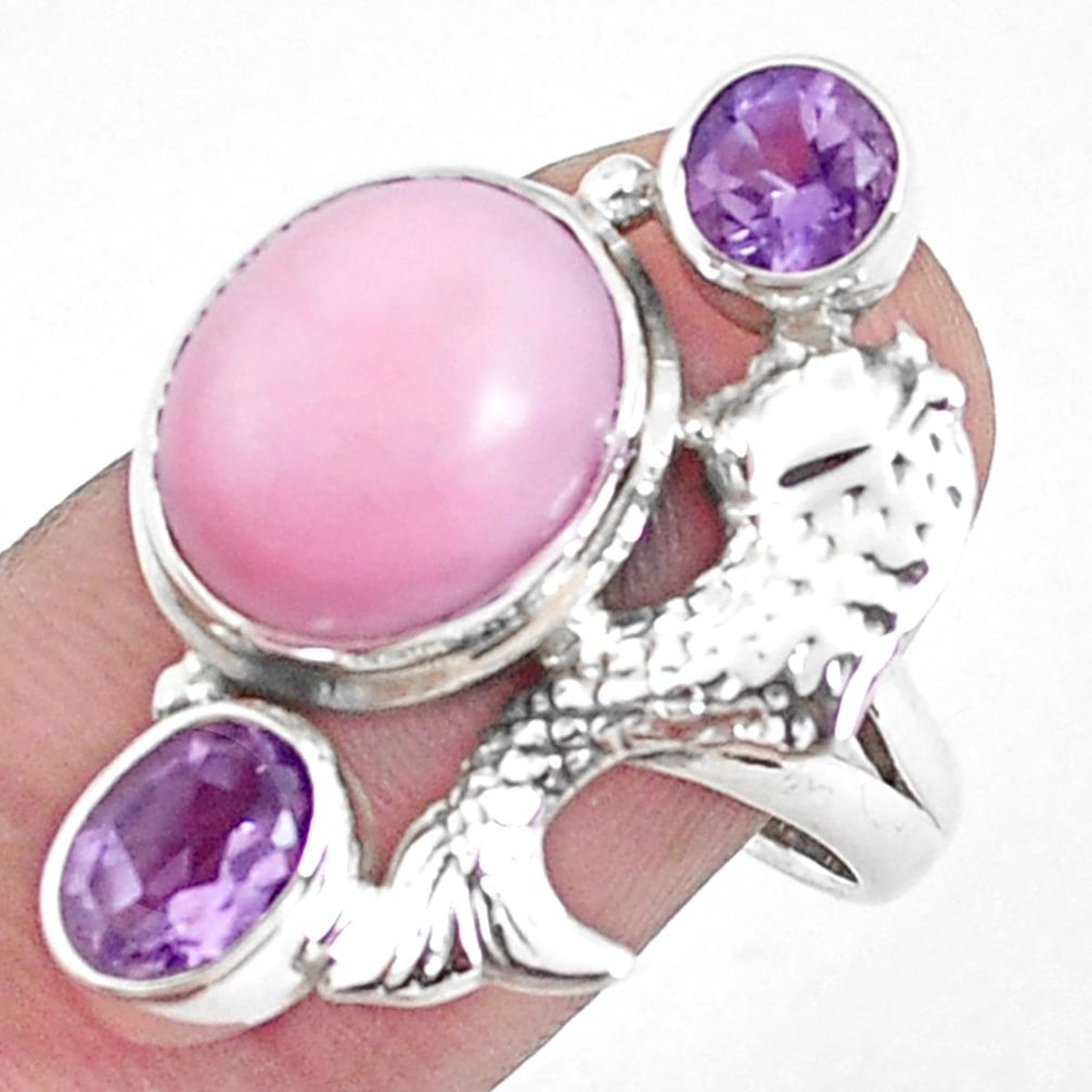 925 sterling silver 8.42cts natural pink opal amethyst fish ring size 9 p42675
