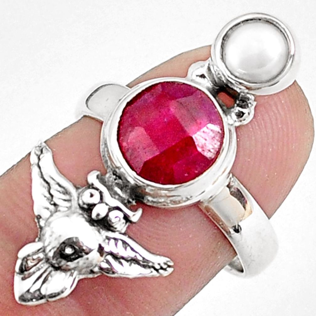 925 sterling silver 4.52cts natural red ruby white pearl owl ring size 7 p42804