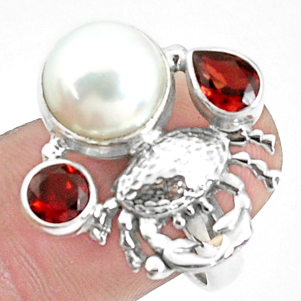 925 sterling silver 7.36cts natural white pearl garnet crab ring size 8 p42830