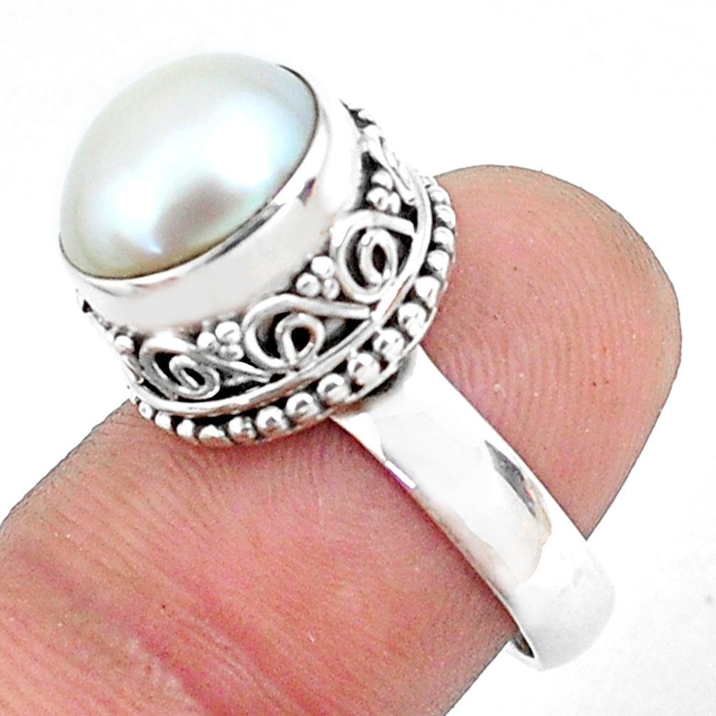 925 sterling silver 6.38cts natural white pearl solitaire ring size 7 p47460