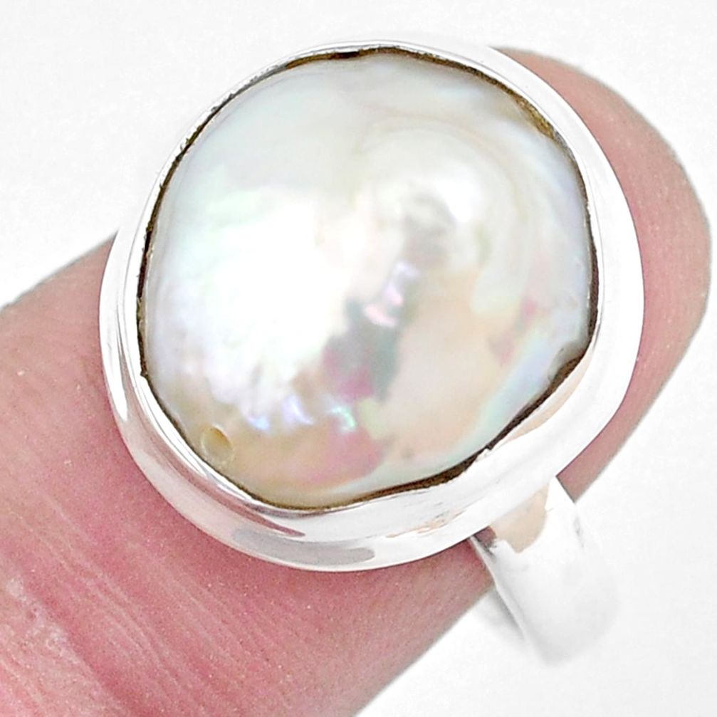925 sterling silver 8.71cts natural white pearl solitaire ring size 9 p48310