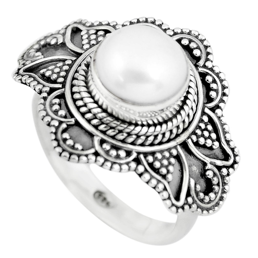 925 sterling silver 5.45cts natural white pearl solitaire ring size 6.5 p57704